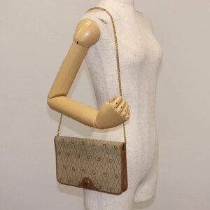 Christian Dior Honeycomb Canvas Chain Shoulder Bag PVC Leather Beige Auth
